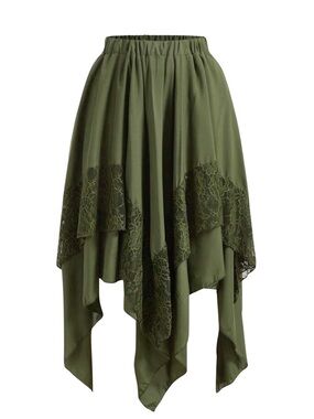 Olive Green Asymmetrical Lace-Hem steampunk fairycore Skirt